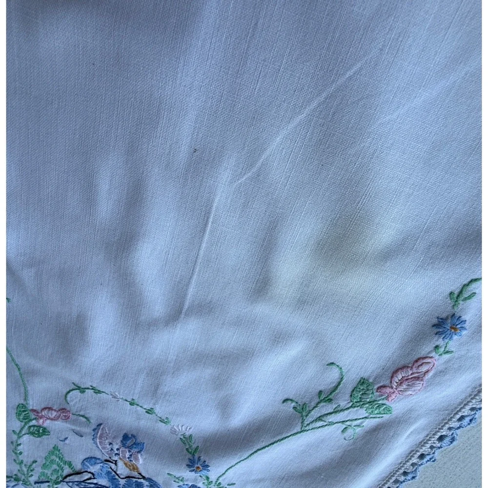 Vintage Embroidered Table Runner White Linen Blue Crochet Trim Crinoline Lady